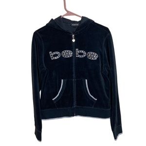 Bebe Hoodie Rhinestones Size Large Black Silver